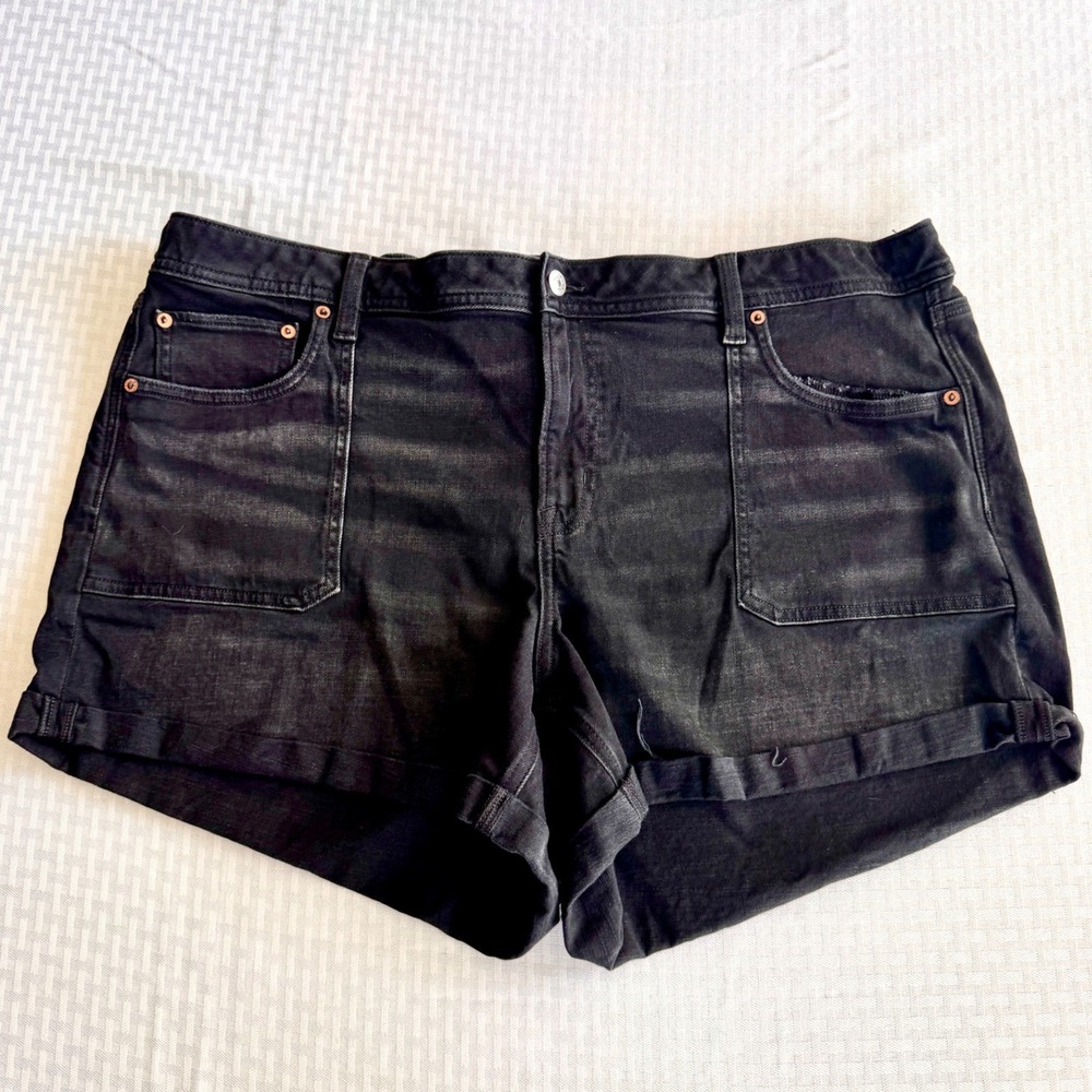 American Eagle Black Denim Utility Shorts High‎ Waisted Cuffed Stretch Size 20